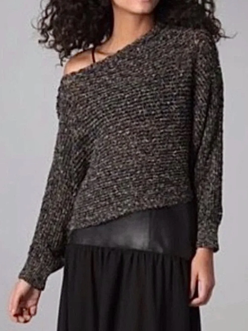 FREE PEOPLE Linen Blend Confetti Knit Boat Neck Off-The-Shoulder Crop Sweater
